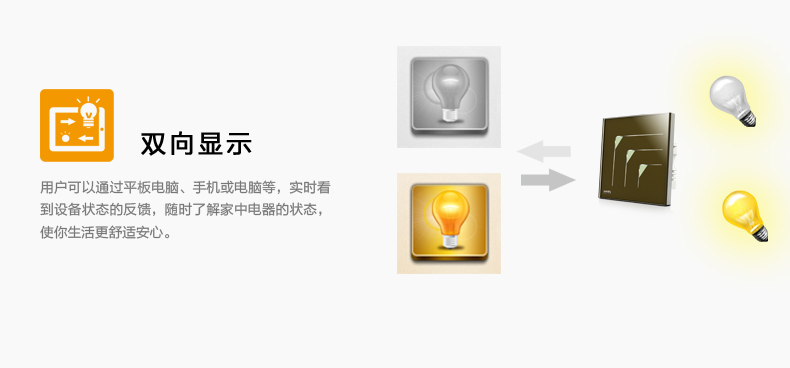 雙向顯示，用戶可通過平板電腦、手機或電腦燈，實時看到設(shè)備狀態(tài)的反饋，隨時了解家中電器的狀態(tài)，使您生活更舒適安心。